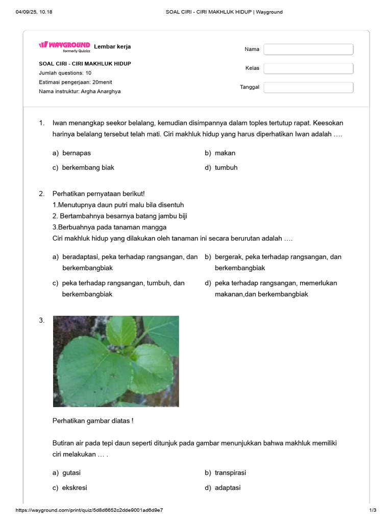 Soal Ciri Makhluk Hidup untuk Siswa PDF