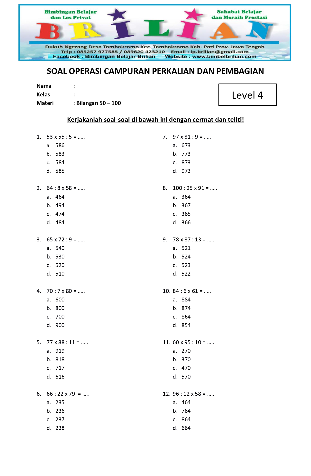 Soal Matematika Kelas 4 Pembagian - Piffle me