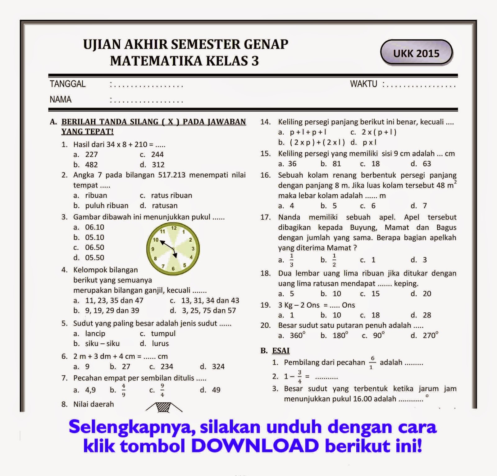 Bocoran 10 contoh soal dan jawaban matematika kelas 3 ukk semester 2 yang wajib dipelajari