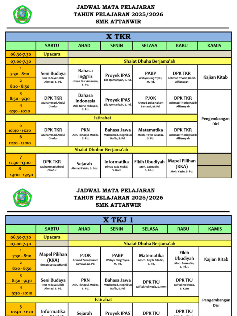 2025-2026 Jadwal Mapel Untuk Kelas PDF