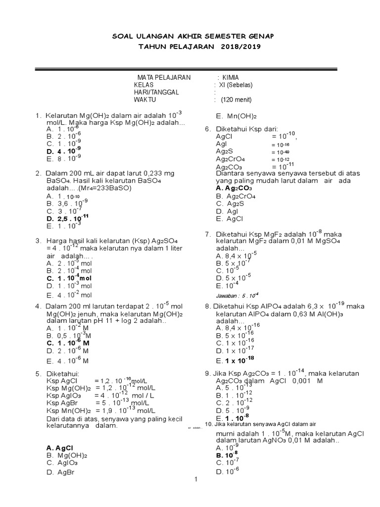 Soal UAS Kimia Kelas 11 Semester 2 PDF