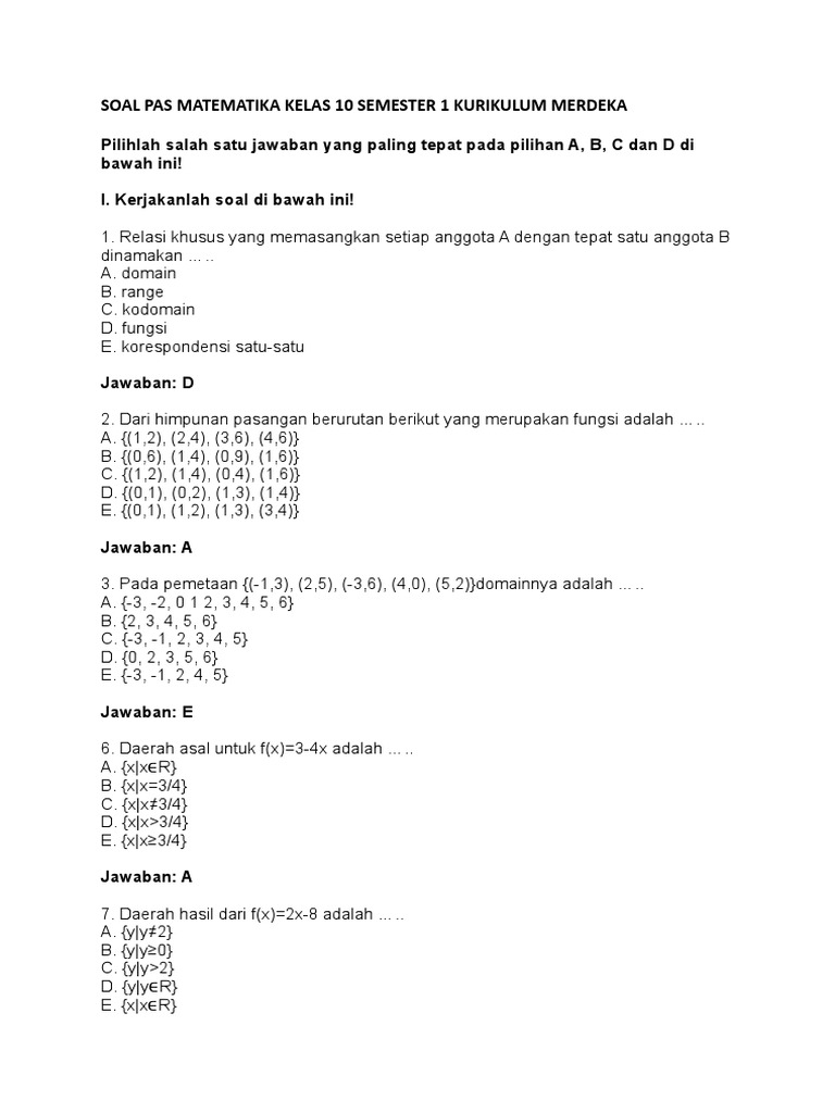 Soal PAS Matematika Kelas 10 Semester 1 PDF Soal PAS Matematika Kelas 10 Semester 1 PDF