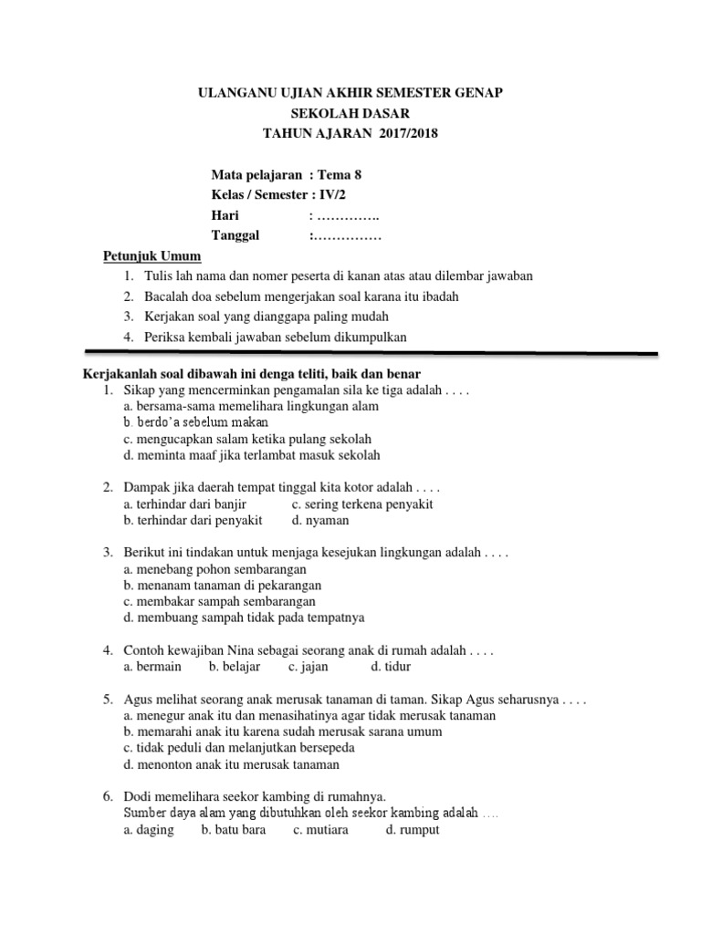 Soal UAS Tema 8 Kelas 4 SD PDF Seni