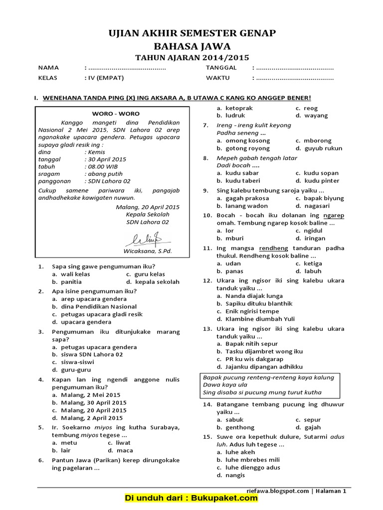 Soal UKK Bahasa Jawa Kelas 4 SD Dan MI PDF Seni Disiplin Bahasa Soal UKK Bahasa Jawa Kelas 4 SD Dan MI PDF Seni Disiplin Bahasa