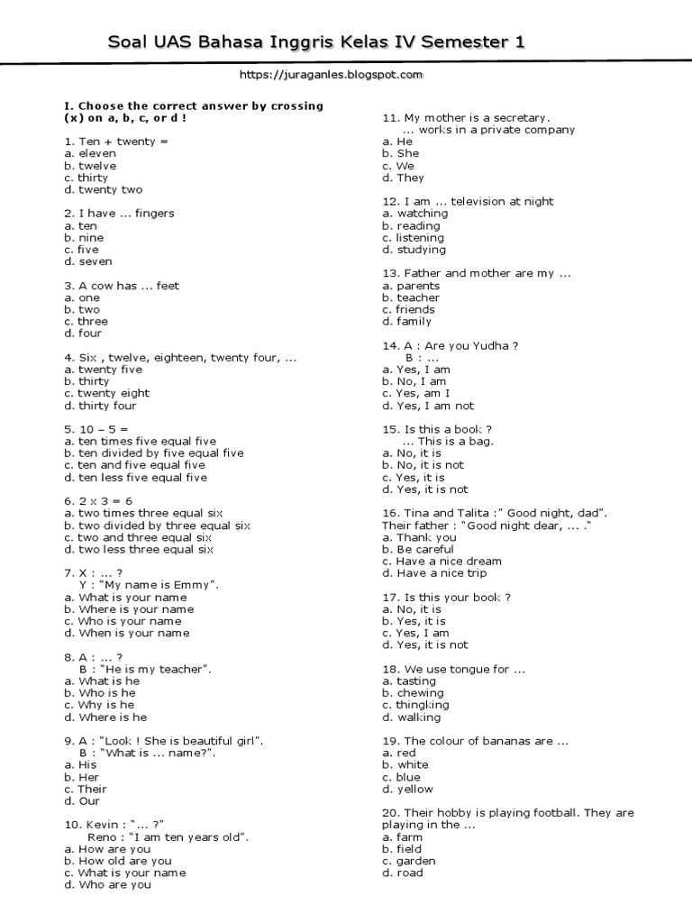Soal UAS Bahasa Inggris Kelas 4 Semester 1 PDF