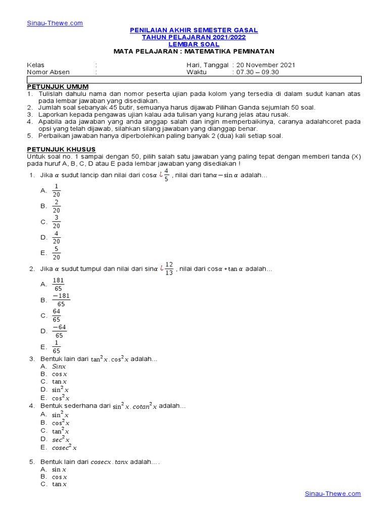 Soal Ujian Matematika Kelas 2021 PDF