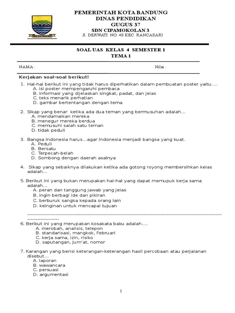 Ternyata Ini Dia Kumpulan Soal UAS Tematik Kelas 4 SD Semester 1 yang Sering Muncul, Wajib Dipelajari Ternyata Ini Dia Kumpulan Soal UAS Tematik Kelas 4 SD Semester 1 yang Sering Muncul, Wajib Dipelajari