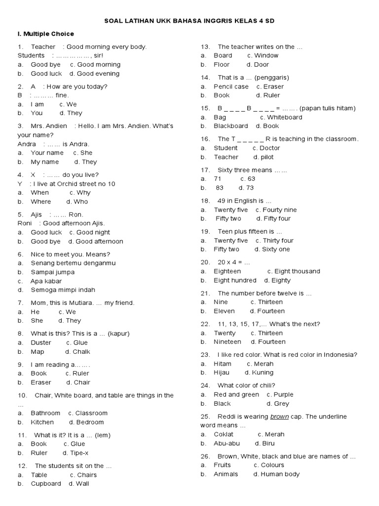 Soal Latihan UKK Bahasa Inggris Kelas 4 PDF Soal Latihan UKK Bahasa Inggris Kelas 4 PDF