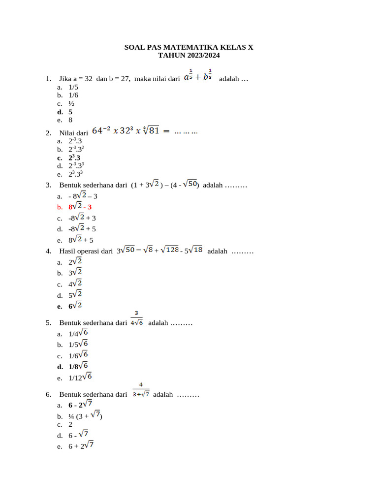 Terbukti 7 contoh soal matematika pas kelas x semster 1 yang Wajib Kuasai Sebelum Ujian