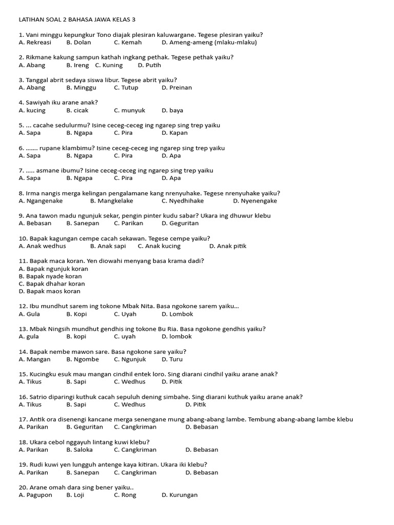 Wajib Tahu Kumpulan Contoh Soal Bahasa Jawa Disajikan Teks Bacaan Kelas 3 SD Terbaru Wajib Tahu Kumpulan Contoh Soal Bahasa Jawa Disajikan Teks Bacaan Kelas 3 SD Terbaru