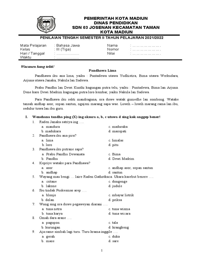 Wajib Tahu! Kumpulan Contoh Soal Bahasa Jawa Kelas 3 SD Semester 2 Terbaru dan Akurat Wajib Tahu! Kumpulan Contoh Soal Bahasa Jawa Kelas 3 SD Semester 2 Terbaru dan Akurat